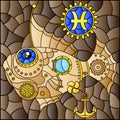 Stained glass illustration with an illustration of the steam punk sign of the horoscope pisces