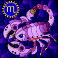 Stained glass illustration with an illustration of the steam punk sign of the horoscope scorpio, tone blue Royalty Free Stock Photo