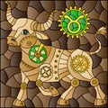 Stained glass illustration with an illustration of the steam punk sign of the horoscope Taurus