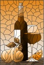 An illustration in the style of a stained glass window with a still life, a bottle of red wine, a glass and fruit Royalty Free Stock Photo