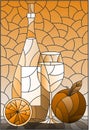 An illustration in the style of a stained glass window with a still life, a bottle of white wine, a glass and fruit Royalty Free Stock Photo