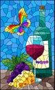 Stained glass illustration with a still life with a bottle of wine, cheese and grapes, a still life on a blue background, a rectan