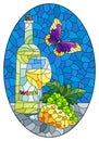 Stained glass illustration with a still life with a bottle of wine, cheese and grapes, a still life on a blue background, a oval i Royalty Free Stock Photo