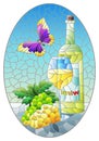 Stained glass illustration with  a still life with a bottle of wine, cheese and grapes, a still life on a blue background, a oval Royalty Free Stock Photo