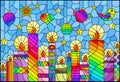 Stained glass illustration on the theme of New year and Christmas with bright curly candles and Christmas tree toys on a blue back