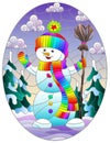 Stained glass illustration on the theme of winter holidays, a cheerful cartoon snowman in a hat and scarf, against the background Royalty Free Stock Photo