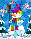 Stained glass illustration on the theme of winter holidays, a cheerful cartoon snowman in a hat and scarf, against the background Royalty Free Stock Photo