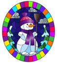 Stained glass illustration on the theme of winter holidays, a cheerful cartoon snowman in a hat and scarf, against the background Royalty Free Stock Photo