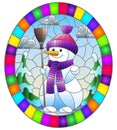 Stained glass illustration on the theme of winter holidays, a cheerful cartoon snowman in a hat and scarf, against the background