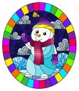 Stained glass illustration on the theme of winter holidays, a cheerful cartoon snowman in a hat and scarf, against the background