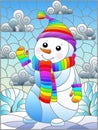 Stained glass illustration  on the theme of winter holidays, a cheerful cartoon snowman in a hat and scarf, against the background Royalty Free Stock Photo