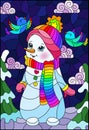 Stained glass illustration  on the theme of winter holidays, a cheerful cartoon snowman in a hat and scarf, against the background Royalty Free Stock Photo