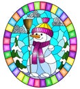 Stained glass illustration  on the theme of winter holidays, a cheerful cartoon snowman in a hat and scarf, against the background Royalty Free Stock Photo