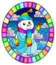 Stained glass illustration on the theme of winter holidays, a cheerful cartoon snowman in a hat and scarf, against the backgroun