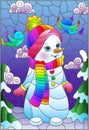 Stained glass illustration on the theme of winter holidays, a cheerful cartoon snowman in a hat and scarf, against the background Royalty Free Stock Photo