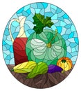 Stained glass illustration with a vegetable still life, vegetables on a blue background,oval image Royalty Free Stock Photo