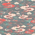 Illustration of stylized, abstract red, aqua, cream and olive clouds