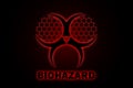 Illustration of a stylized biohazard sign inverted with a red glow effect on a black background and the word. The illustration res Royalty Free Stock Photo