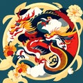 Illustration of a stylized Chinese dragon with flowers in the background Generative AI