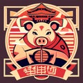 Illustration of a stylized Chinese New Year\'s card with a pig AI Generated