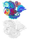 Illustration of stylized fantastic fish with Celtic maritime ornaments. Colorful and black and white page for coloring book.