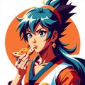 Anime-Inspired Martial Arts Beauty: Fiery Blue Hair, Pizza Bite, and Dynamic Art Style