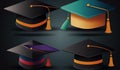 Illustration of stylized multi-colored graduation caps. generative AI