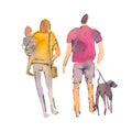 Illustration: stylized people. Watercolor sketches. A man with a dog on a leash, a woman with child in her arms
