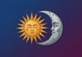 Illustration of a stylized sun and moon against a gradient Royalty Free Stock Photo