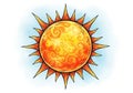 Illustration of a stylized sun with swirling patterns on a vibrant orange and yellow circular core. Royalty Free Stock Photo
