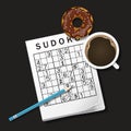 Illustration of Sudoku game, mug of coffee and chocolate donut