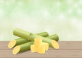 Sugar Cane, Cane on Wood Table and green soft Bokeh Nature Background, Pieces of Fresh Sugarcane, Sugar Cane Cut on