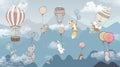 Beautiful cute animals fox hares elephant mouse hedgehog on balloons on the background of mountains with clouds Royalty Free Stock Photo