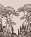 Giant ancient trees cypresses baobabs shrubs on a light brown background wallpaper