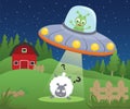 Vector illustration of cartoon alien in UFO kidnapped a sheep in farm field