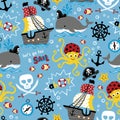 Vector seamless pattern of pirates elements cartoon. Marine animals in pirate accessories Royalty Free Stock Photo