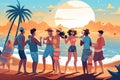 Illustration of a summer beach party, a company of friends dancing near the water at sunset Royalty Free Stock Photo