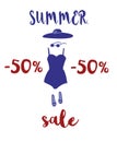 Illustration of summer discounts, sale. Beach accessories and handwritten font. Hat, swimsuit, sunglasses, beach slippers. Fashion