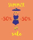 Illustration of summer discounts, sale. Beach accessories and handwritten font. Hat, swimsuit, sunglasses, beach slippers. Fashion