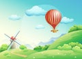 Illustration of summer fields with a mill and a balloon in the s