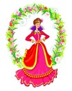 Illustration of summer flower princess in fashionable medieval dress. Book cover for children fairy tale. Beautiful girl. Print