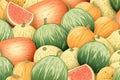 Illustration of summer fresh watermelons with melons, background