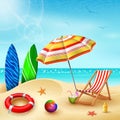 Summer holidays background. Surfboard, umbrellas, desk chair, ball, lifebuoy, sunblock, starfish, and coconut cocktail on a sandy