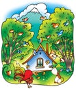 Illustration with a summer landscape, a house in the woods, a mountain in the background, surounded by singing birds Royalty Free Stock Photo