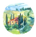 Illustration of of summer landscape in Tuscany, Italy