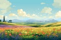 An illustration of a summer landscape where bright meadows, lush fields and bright flowers under a bright blue sky