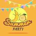 Illustration of Summer Party poster cartoon design with cute banana and orange characters, Childrens postcard, Raw vegan party con Royalty Free Stock Photo