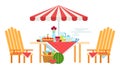 Illustration of a summer picnic table set and chairs under an umbrella vector icon flat isolated