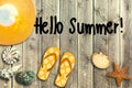 Illustration for summer. Poster, collage or background. Discount. Summer background with the text: Hello summer. Sale banner with