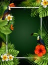 Summer sale banner with tropical flowers and leaves. Toucan and Exotic Leaves on Nature Green Background Royalty Free Stock Photo